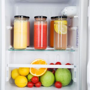 Smoothies ready to go in the fridge