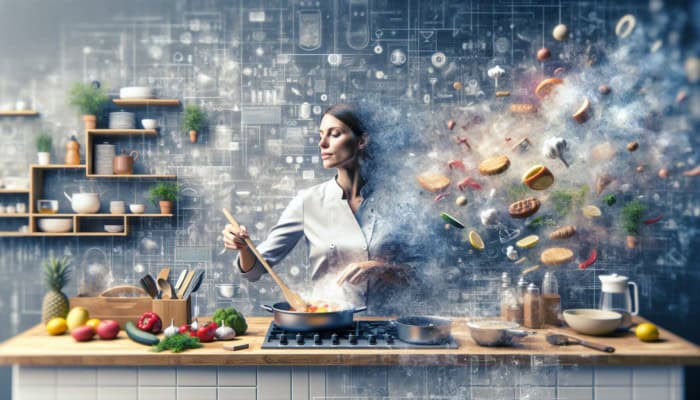 A person cooking a colorful one-pan meal in a bustling kitchen, enjoying easy cleanup.