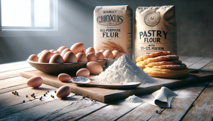 High-quality choux pastry ingredients including robust flour and fresh eggs on a rustic table.