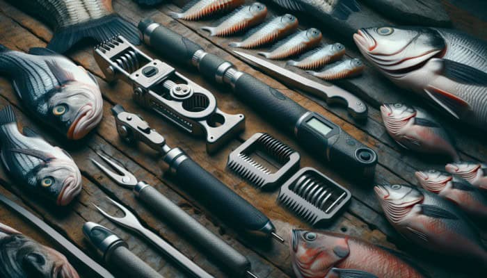 Various fish scalers on a rustic table with fresh fish, showcasing serrated edges and ergonomic designs.