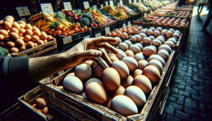 A hand choosing fresh eggs with tight whites and high yolks at a farmers' market, surrounded by rustic crates and vibrant produce.