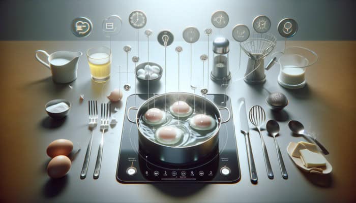 A serene kitchen scene with tools and perfectly poached eggs in simmering water.
