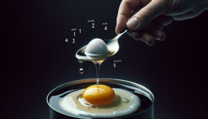 A perfectly poached egg with a runny yolk, timer at 3:45, being lifted from water with a slotted spoon.