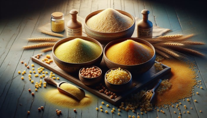Bowls of fine, medium, and coarse Tunisian couscous with semolina and durum wheat on a vibrant table.
