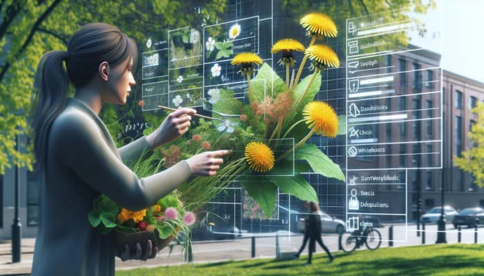 Person foraging in urban park, identifying edible plants like dandelions, chickweed, and wild garlic for salad.