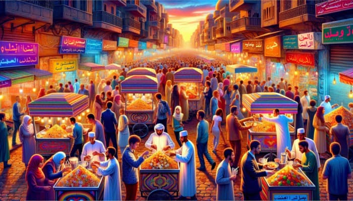 A vibrant Egyptian street at dusk with koshari vendors serving eager crowds, showcasing the dish's evolution.