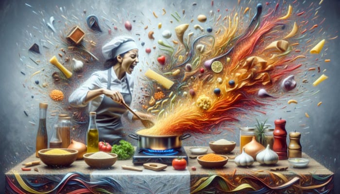 Chef expertly layering rice, lentils, pasta, topped with tomato sauce and crispy onions in Egyptian kitchen.