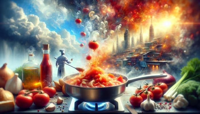 A vibrant scene of cooking tomato and vinegar sauce for Koshari with tomatoes, onions, and garlic.