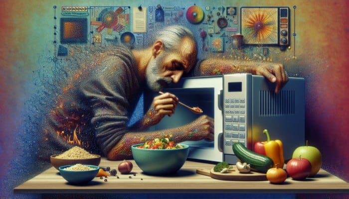Person enjoying a quick, nutritious microwave meal like quinoa bowl or stir-fry at home.