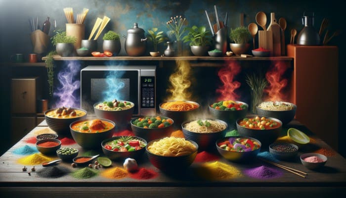 A colorful array of international microwave meals on a kitchen counter, including Thai curry, Italian pasta, and plant-based options.