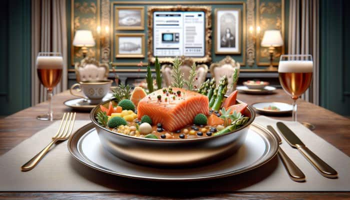 Gourmet microwave meal with salmon, organic vegetables, and artisanal sauce on a fine dining plate.