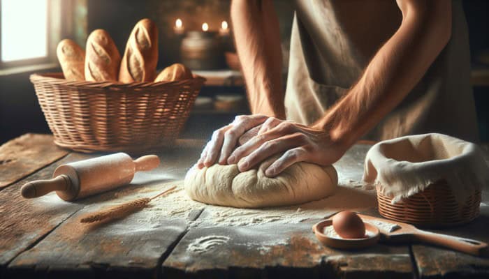A baker kneading dough on a floured surface, with proofing baskets and a scored loaf in a rustic kitchen.