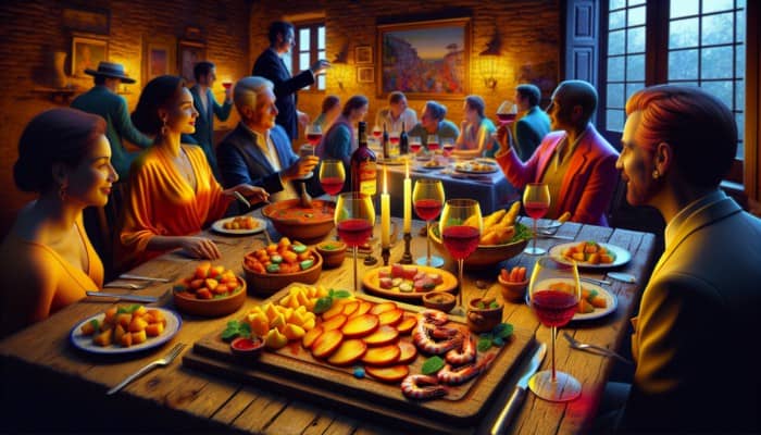 A colorful array of Spanish tapas including patatas bravas, gambas al ajillo, and jamón ibérico on a rustic table with wine and guests.