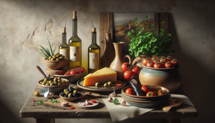 Bowls of olives, tomatoes, garlic, manchego cheese, fresh parsley, basil, olive oil, stuffed peppers, and chorizo slices on a rustic Spanish kitchen counter.