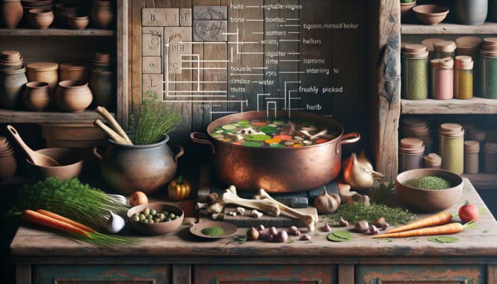 A pot simmering with vegetable scraps and bones, surrounded by herbs and a guidebook on making stock.