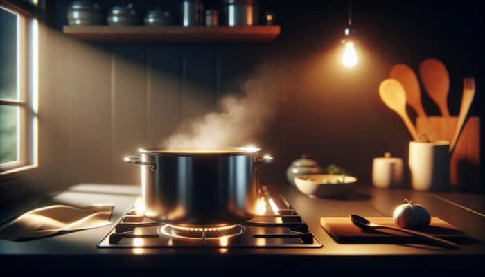 A pot simmering golden stock on a stove, steam rising, filling the kitchen with a rich aroma.