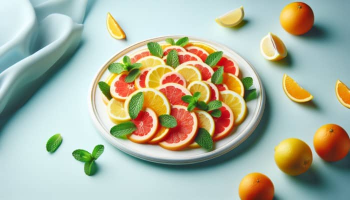 A vibrant citrus salad with oranges, lemons, grapefruits, and mint on a white plate, pastel blue background.