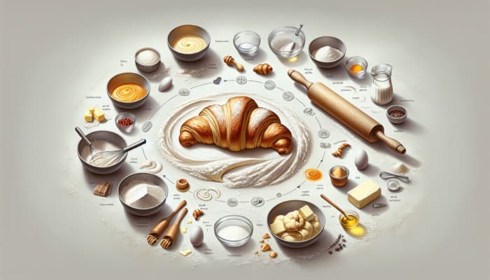 Visual guide of croissant dough preparation process on a kitchen counter.