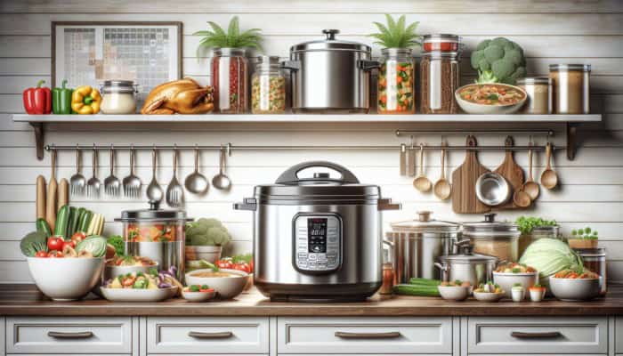 8-quart pressure cooker on kitchen counter with prepared meals for weekly meal planning.