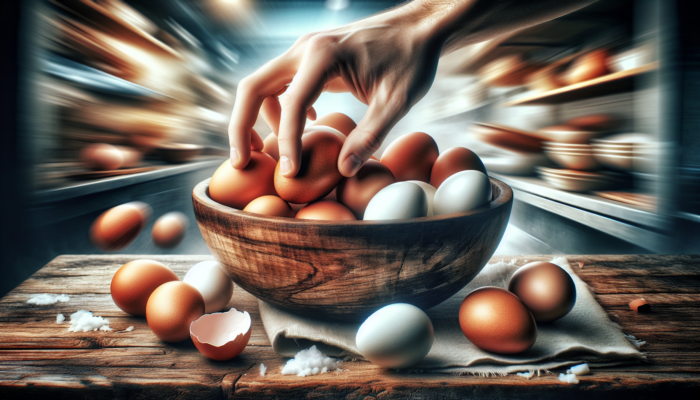 How to Cook Eggs in a Hurry: Hand picking fresh, room-temperature eggs from a rustic bowl, showcasing ease of peeling and firm texture.