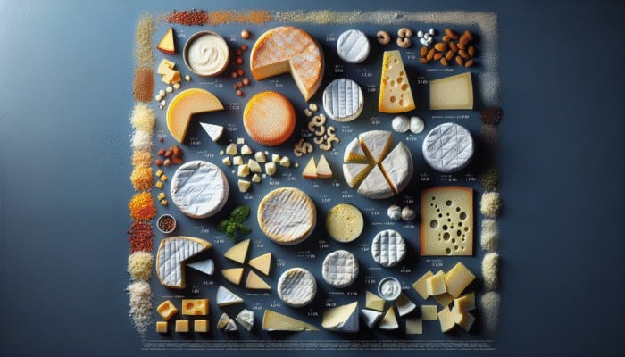 A selection of cheeses like brie and mozzarella with labels showing milk fat content and its effect on texture.
