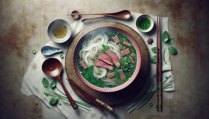 A steaming bowl of Pho with broth, noodles, herbs, and beef, on a Vietnamese table with chopsticks.