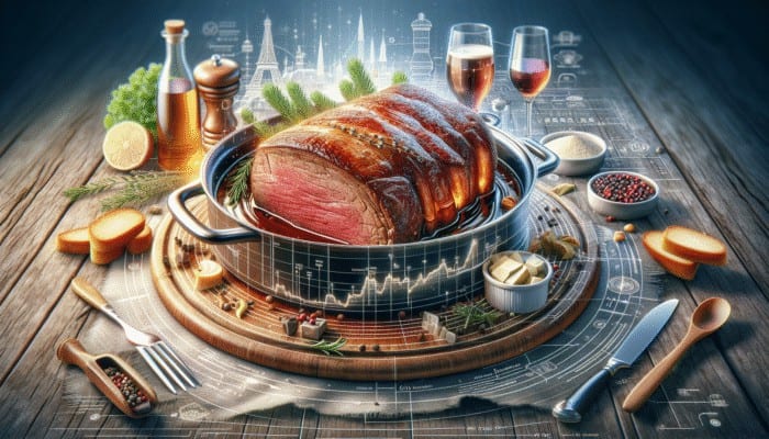 A succulent pot roast with balanced fat content, glistening with melted fat, served on a rustic table with French culinary elements.