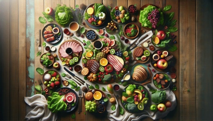 A gourmet meal on a rustic table, demonstrating composition techniques in food photography.