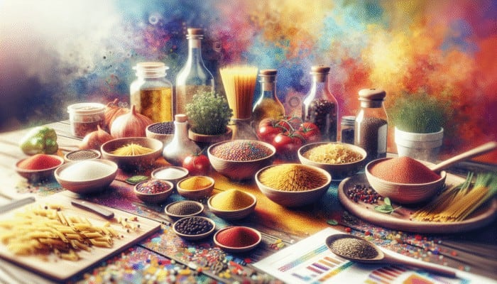 Colorful grains and pasta with spices and herbs in a vibrant kitchen, ready for creative cooking.