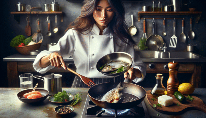 How to Sear Fish Without Sticking: A chef using stainless steel and cast iron pans to sear fish, highlighting heat distribution and fond, with Italian and Japanese culinary elements.