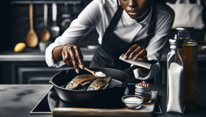 Chef seasoning fish fillets, drying them, and heating oil in a cast iron skillet for searing.