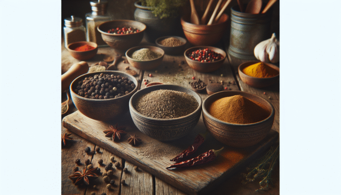 How to Craft a Signature Spice Blend: Bowls of black pepper, cumin, and coriander on a rustic kitchen table with cooking utensils and herbs.