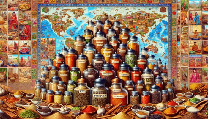 A vibrant array of global spice jars labeled with regional names like garam masala, featuring cardamom and cloves.