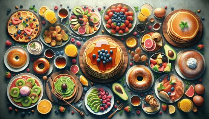 Breakfast Spread for Guests: A vibrant breakfast spread with pancakes, avocado toast, fruits, quiches, and salmon bagels.