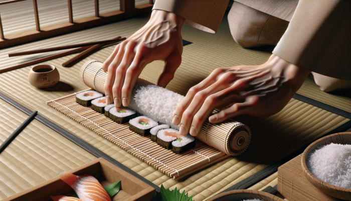 Advanced Sushi Rolling: Hands using a bamboo sushi mat to roll sushi, showing firmness and flexibility, with fresh ingredients.