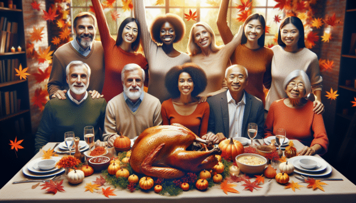 A golden-brown heritage turkey centerpiece on a festive Thanksgiving table with autumn decor and gathered loved ones.