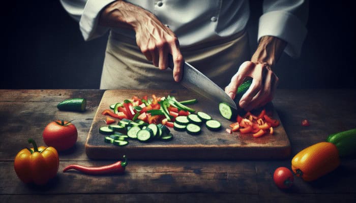 A chef chopping cucumbers, tomatoes, and bell peppers into uniform pieces on a wooden board for a salad.