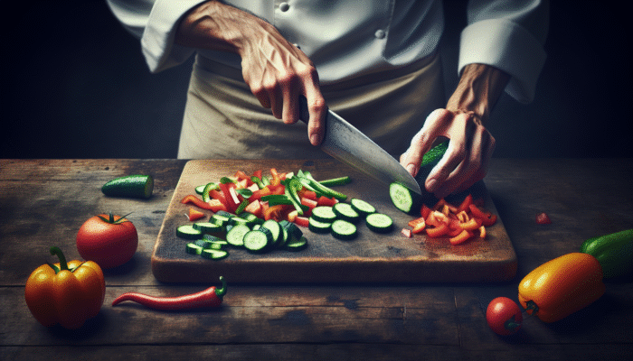 A chef chopping cucumbers, tomatoes, and bell peppers into uniform pieces on a wooden board for a salad.