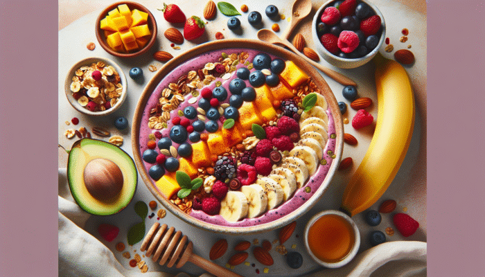 Top Recipes for Sustainable Weight Gain: Colorful smoothie bowl with granola, fruits, and honey, made from bananas, berries, mangoes, nuts, seeds, avocado, and protein powder.