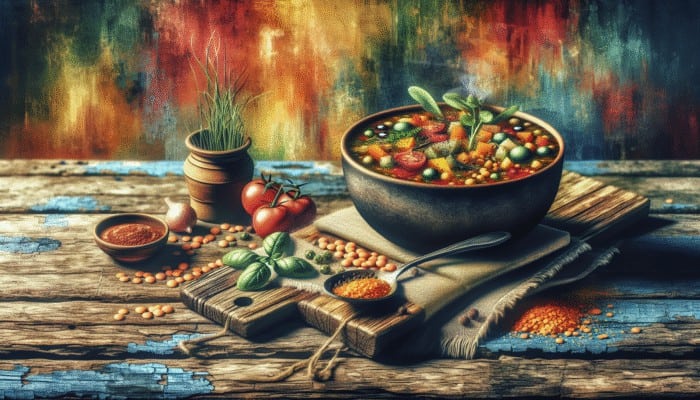 A steaming bowl of lentil soup with vegetables, herbs, and spices on a rustic table.