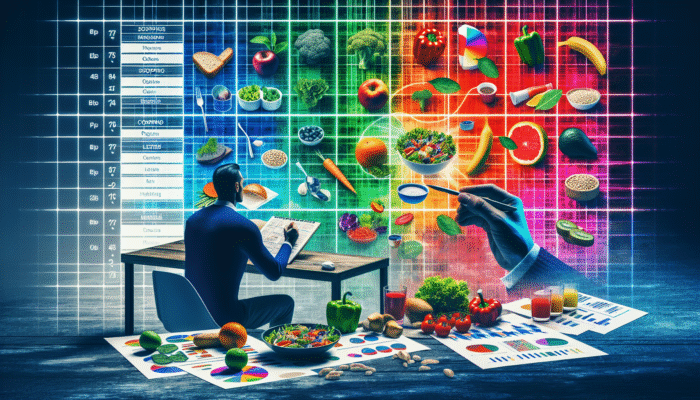 Person planning meals with fresh vegetables, lean proteins, whole grains, and dining out with healthy choices, following the Dash Diet.