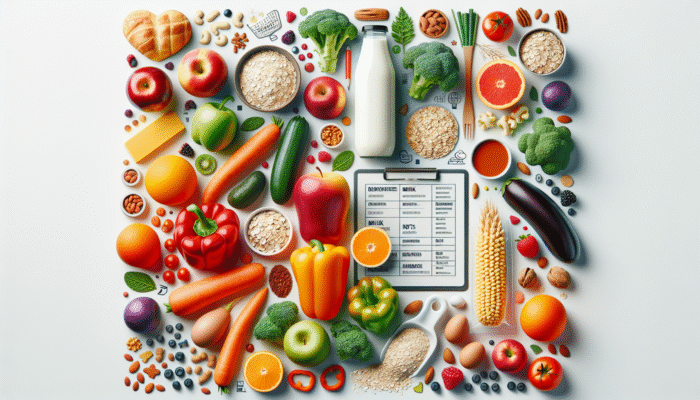 A colorful array of fruits, vegetables, whole grains, low-fat dairy, lean proteins, and nuts on a shopping list.