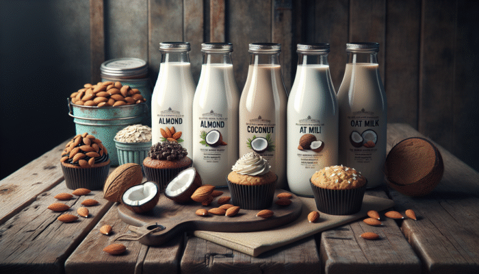 Bottles of almond, coconut, and oat milk on a wooden table with desserts highlighting their flavors.