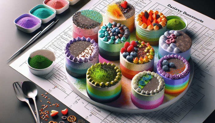 Colorful dairy-free desserts with chia seeds, flaxseeds, and spirulina, highlighting texture and health benefits.