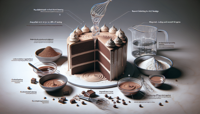 Vegan chocolate cake with aquafaba, gently mixed to avoid overmixing, achieving airy texture and harmonious flavors.
