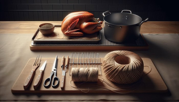 How to Truss a Turkey for Roasting: Kitchen twine, scissors, and roasting pan on counter, ready for turkey trussing.