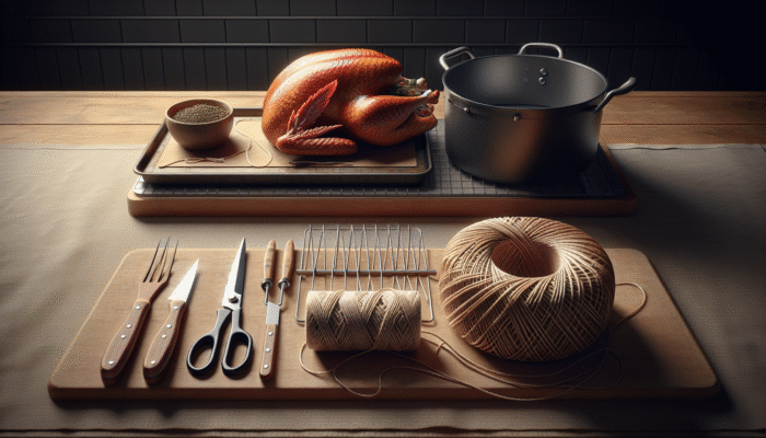 How to Truss a Turkey for Roasting: Kitchen twine, scissors, and roasting pan on counter, ready for turkey trussing.