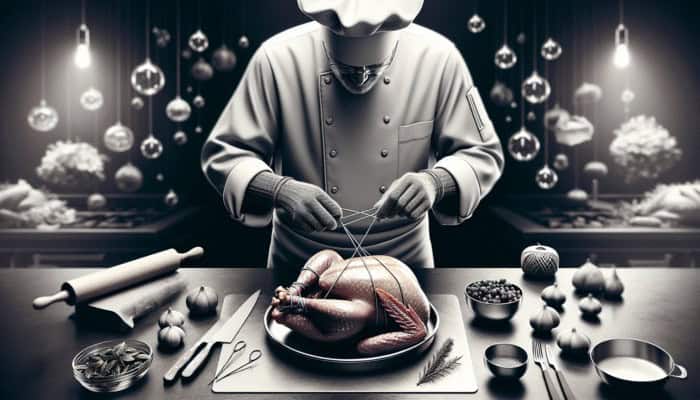 A chef trusses a turkey, tying its legs at the ankles with kitchen twine for even cooking.