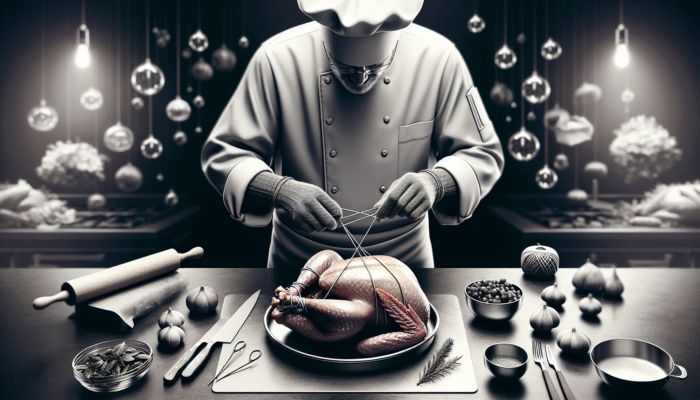 A chef trusses a turkey, tying its legs at the ankles with kitchen twine for even cooking.