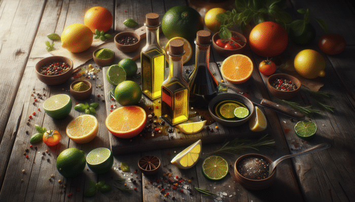 Simple Marinades for Beginner Grilling: Olive oil, balsamic vinegar, and sliced citrus fruits on a rustic table with herbs and spices.